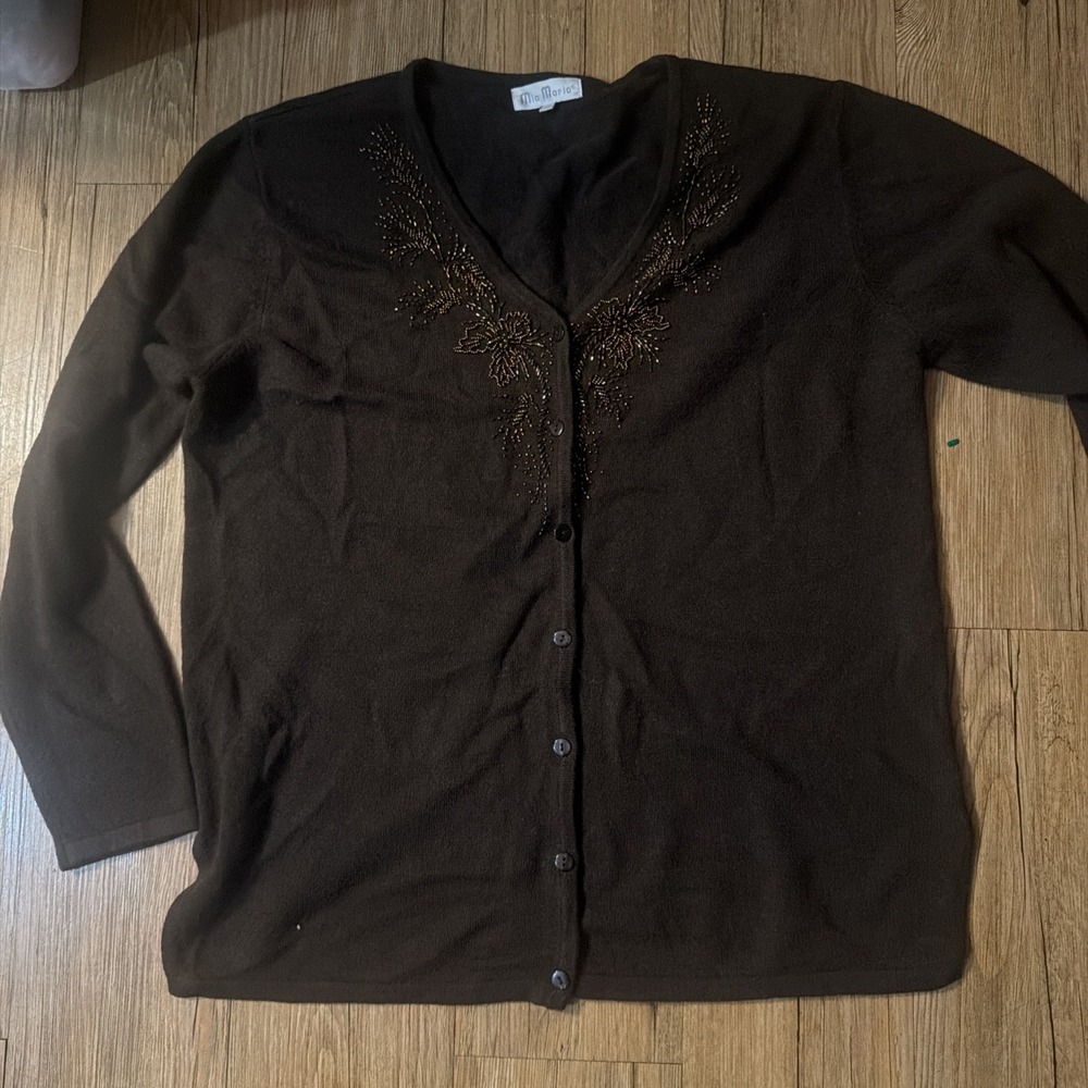Mia Maria Wool Cardigan Open Front Brown Beaded Long Sleeve Size Large Soft